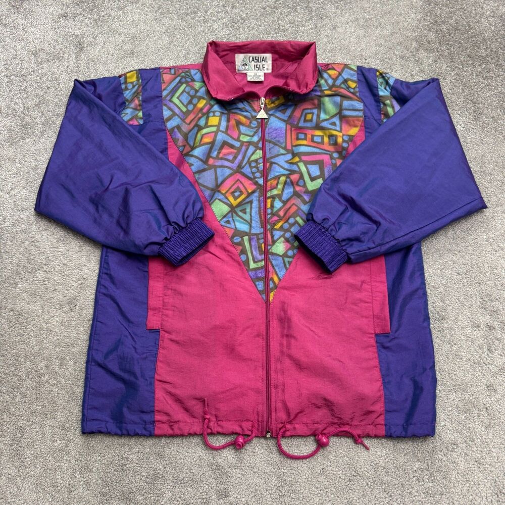 Vintage 90s Casual Isle Geometric Colorblock Windbreaker Jacket Womens Medium